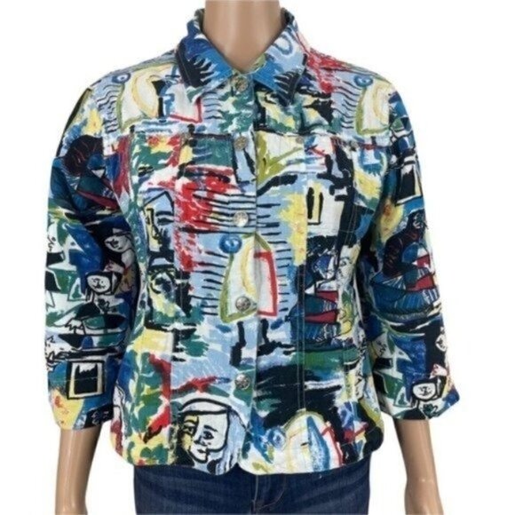 Kaktus Blazer Colorful Artwork Print Linen blend 3/4 sleeve collared size medium - Picture 1 of 12